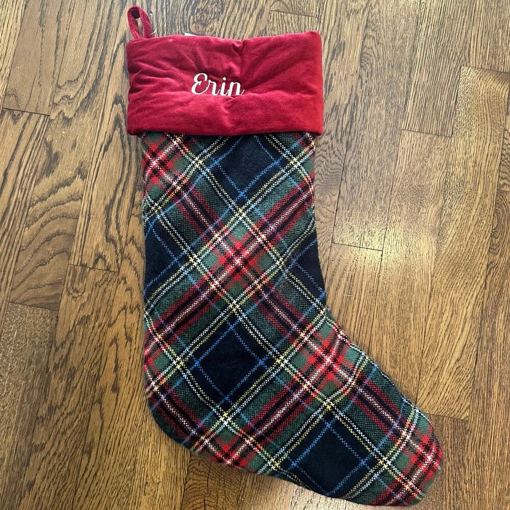 Pottery Barn Plaid Red Velvet Cuff Christmas Holiday Stocking Embroidered “Erin”